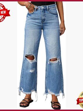 High-Rise Distressed Bell Bottom Jeans Wide Leg Boyfriend Fit Denim Pants